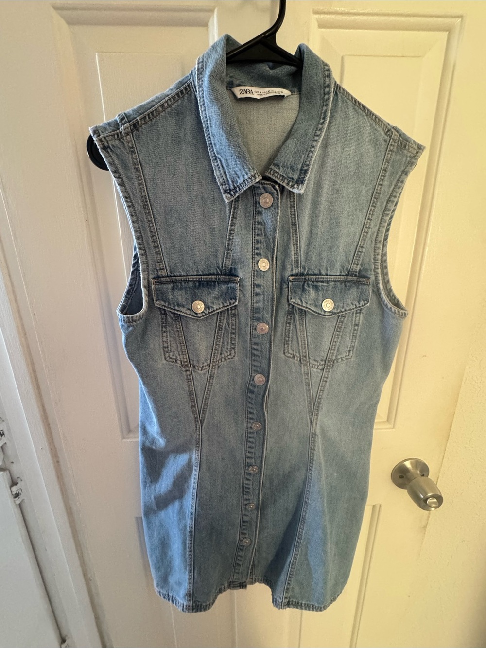 Zara Light Blue Denim Collared Sleeveless Dress